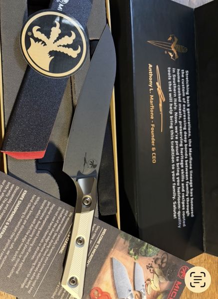 Microtech Utility Kitchen Knife Bronzed Titanium Bolster/Ivory G10, Black DLC M390MK (3400B-1DLCIVS)