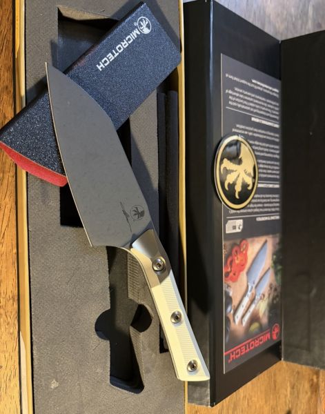 Microtech Santoku 4.2'' Kitchen Knife Titanium Bolster/Ivory G10, Black DLC M390MK (3300B-1DLCIVS)