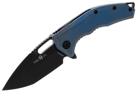 Heretic Medusa T/E Knife Antiqued Blue Titanium, Black DLC MagnaCut by Tony Marfione Jr. (H009-6A-TIBLU)