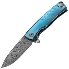 LionSteel ROK Blue Titanium, Chad Nichols Scrambled Damascus Knife (ROK DD BL)