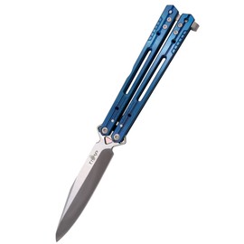 Third Decor Habitat Balisong Blue Titanium Stainless Steel, Satin 420 Butterfly Knife (K2920A)