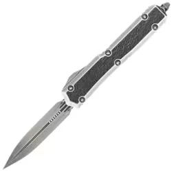 Microtech Makora D/E Signature OTF Knife Silver Distressed Aluminium/Leather, Black Stonewashed M390 by Tony Marfione (206-1MD)