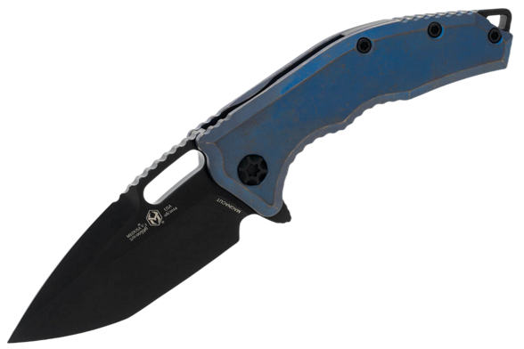 Heretic Medusa T/E Knife Antiqued Blue Titanium, Black DLC MagnaCut by Tony Marfione Jr. (H009-6A-TIBLU)