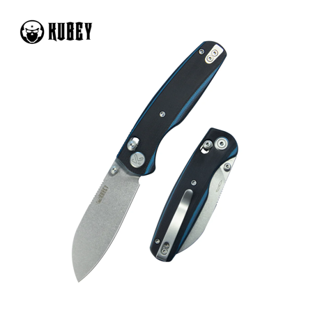 Kubey Breeze Knife Black / Blue G10, Stonewashed 14C26N by Caleb Waldman (KU288D)