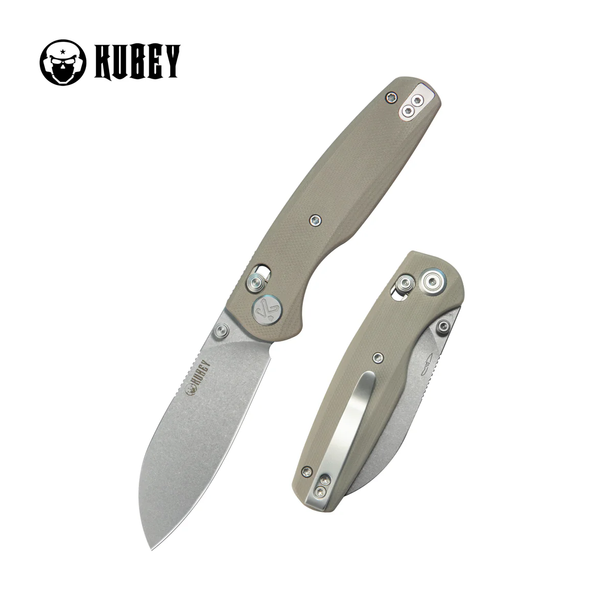 Kubey Breeze Knife Tan G10, Stonewashed 14C26N by Caleb Waltman (KU288C)