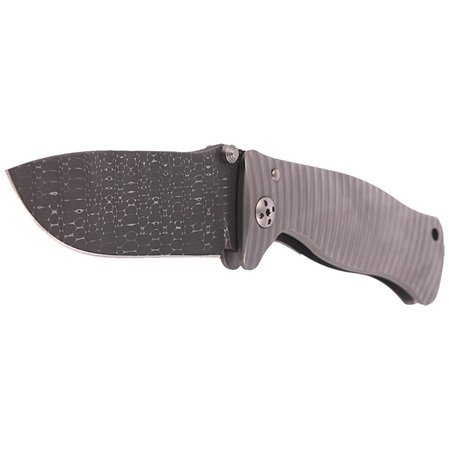 LionSteel SR1 Titanium Grey, Damascus Lizard Blade Solid Knife (SR1DL G)