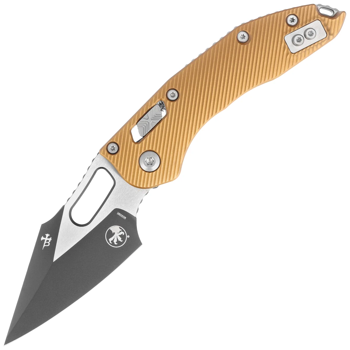 Microtech Stitch S/E Fluted Tan Aluminum, Black/Satin M390MK by Borka Blades and Tony Marfione (169RL-1FLTA)