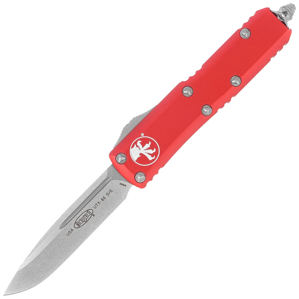 Microtech UTX-85 S/E Red Aluminum, Stonewashed M390 OTF Knife (231-10RD)