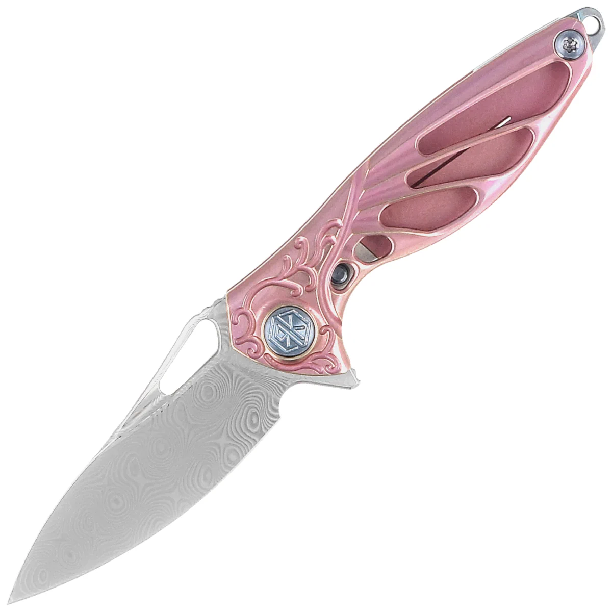 RikeKnife Mini Hummingbird Pink Titanium, Rose Damascus by Richard Wu (RK-MINI-PI)