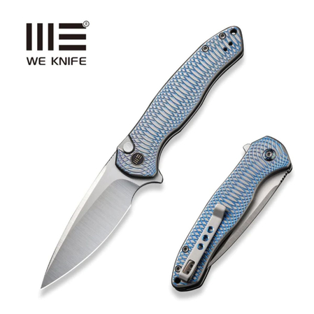 WE Knife Button Lock Kitefin LE No ???/155 Blue/Gray Titanium, Hand Polished Satin CPM 20CV (WE19002M-3)