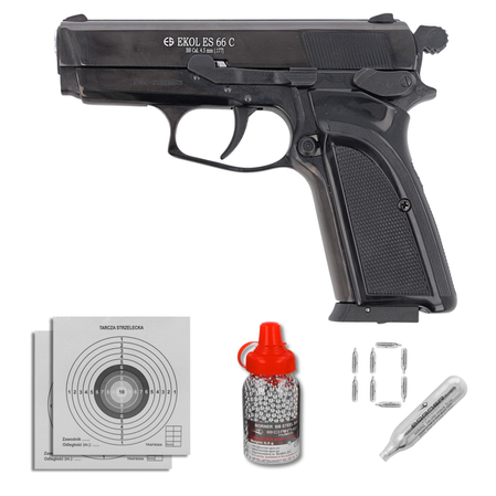 Zestaw wiatrówkowy 05: pistolet Voltran Ekol ES 66C Black 4.5 mm, 1500 BBs, 10 kapsuł CO₂, 100 tarcz
