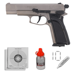 Zestaw wiatrówkowy 01: pistolet Voltran Ekol ES 66 Fume 4.5 mm, 1500 BBs, 10 kapsuł CO₂, 100 tarcz