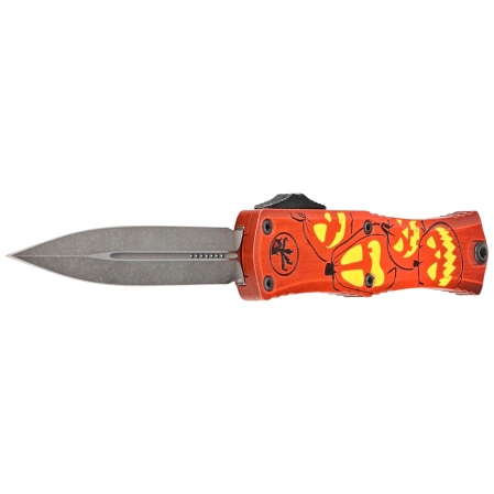 Microtech Hera II Mini D/E Signature Halloween Jack-o'-Lantern Aluminum, Satin M390MK OTF Knife by Tony and Sean Marfione (1702M-1HWJLS)
