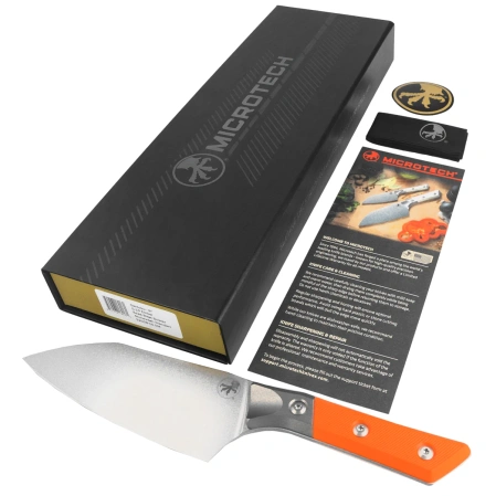 Microtech Santoku 6'' Kitchen Knife Titanium Bolster/Ember G10, Stonewashed M390MK (3200B-10EM)