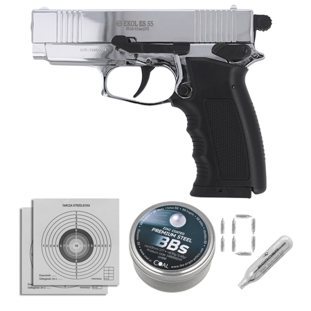 Zestaw pistolet wiatrówka Voltran Ekol ES 55 Shiny 4.5 mm, 1400 BBs, 10 kapsuł, tarcze