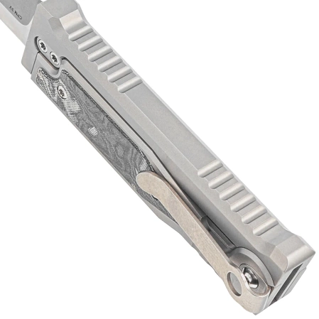 Nóż grawitacyjny Reate Mini EXO OTF Gravity Drop Point Bead Blasted Titanium/Burl Linen Micarta, Stonewashed CPM 3V