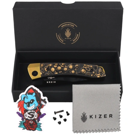 Kizer Mini MoMo Kamo Gold Titanium / Camo Gold Fat Carbon, Polished DLC S90V by Vladimir Legachev (Ki3663A3)