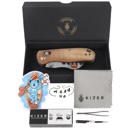 Kizer Uti Bear 2 Knife Brown Micarta, Bead Blasted SK5 / 50Cr15MoV by Azo (V3619JA7)