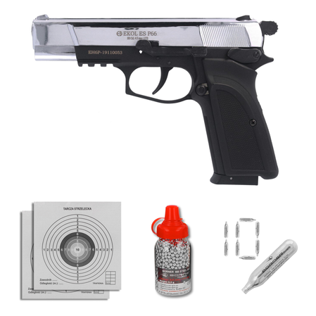 Airgun set 14: Voltran Ekol ES P66 Shiny 4.5 mm Pistol, 1500 BBs, 10 CO₂ cartridges, 100 targets