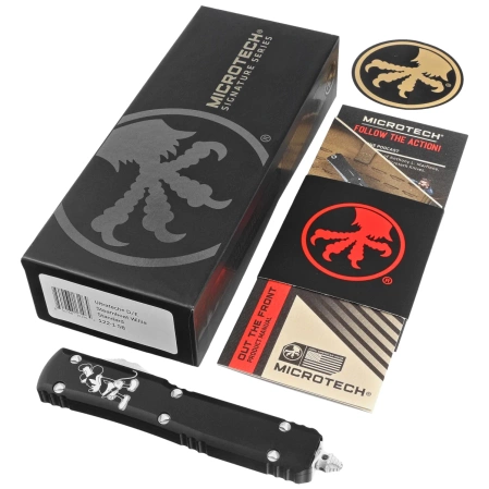 Microtech Ultratech D/E Steamboat Willie Signature OTF Knife Black Aluminum, Antique White M390 by Tony Marfione (122-1SB)