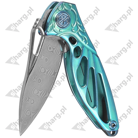 Nóż składany Rike Knife Mini Hummingbird Green Titanium, Rose Damascus by Richard Wu (RK-MINI-G)