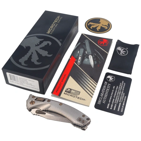 Microtech Amphibian Mini Ram-Lok S/E Knife Gray Fluted Titanium, Flamed Bksp, Stonewashed M390MK by Tony Marfione (137MRL-10FLMS4)