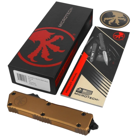 Microtech Scarab II Gen III Executive D/E-S OTF Knife Tan Aluminum, Black M390MK by Tony Marfione (1181-1TA)