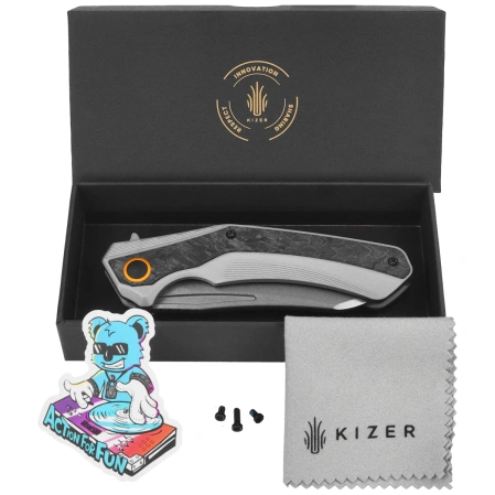 Kizer Draca Knife Gray Aluminum / Black-Green Carbon Fiber, Stonewashed S45VN by Mikey Carlson (Ki4751A1)