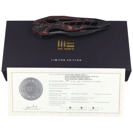 WeKnife Arrakis LE Black Titanium / Copper Foil Carbon Fiber, Black Stonewashed / Satin Vanax by Elijah Isham (906CF-E)