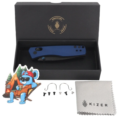 Kizer Aegis Knife Blue Aluminum, Black Matte DLC AEB-L by Azo (V3774A3)