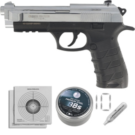 Airgun Set 26: Voltran Ekol ES P92B Blow Back Shiny 4.5 mm Air Pistol, 1400 BBs, 10 CO₂ Cartridges, 100 Targets