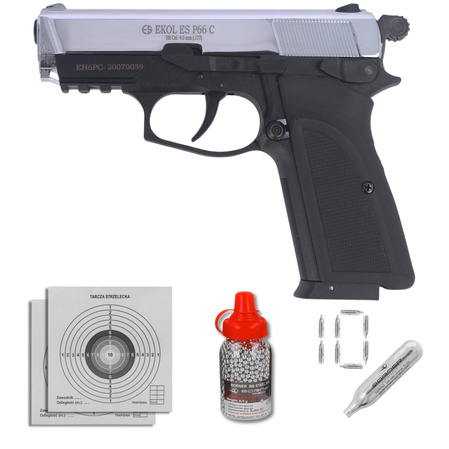 Zestaw wiatrówkowy 20: pistolet Voltran Ekol ES P66C Shiny 4.5 mm, 1400 BBs, 10 kapsuł CO₂, 100 tarcz