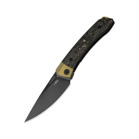 Kizer Mini MoMo Knife Gold Titanium/Camo Fat Carbon, Black DLC S90V by Vladimir Legachev (Ki3663A3)