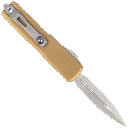Microtech UTX-85 Gen IV D/E OTF Knife Tan Aluminum, Apocalyptic F/S M390MK by Tony Marfione (12324-D12APTA)