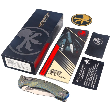 Microtech Amphibian Mini Ram-Lok S/E Marfione Select Knife Galactic Gold Slab Side Titanium, Blue Bksp, Stonewashed M390MK by Tony Marfione (137MRL-10MS15)