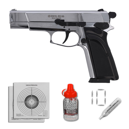 Zestaw wiatrówkowy 03: pistolet Voltran Ekol ES 66 Shiny 4.5 mm, 1500 BBs, 10 kapsuł CO₂, 100 tarcz