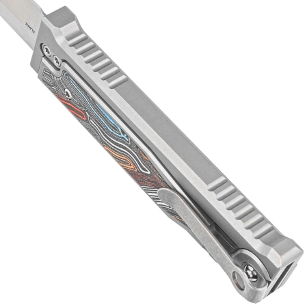 Reate Knife EXO-M OTF Gravity Drop Point Bead Blasted Titanium/Damascus MultiColor G10, Satin Elmax