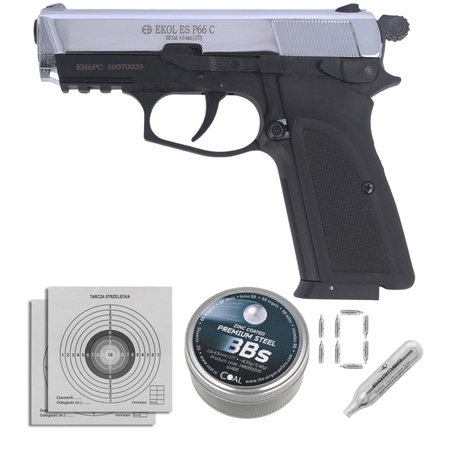 Airgun set 20: Voltran Ekol ES P66C Shiny 4.5 mm Pistol, 1400 BBs, 10 CO₂ cartridges, 100 targets