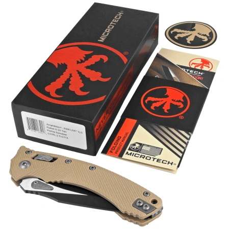 Nóż składany Microtech Amphibian Ram-Lok S/E Fluted Tan G10, Black P/S M390MK by Tony Marfione (137RL-2FLGTTA)
