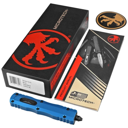 Nóż automatyczny OTF Microtech Dirac D/E Blue Aluminium, Black Cerakote M390 by Tony Marfione (225-1BL)