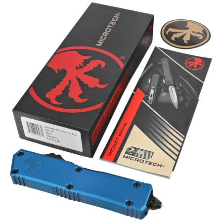 Nóż automatyczny OTF Microtech Scarab II Gen III Executive D/E Blue Aluminium, Black M390MK by Tony Marfione (1175-1BL)