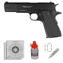 Zestaw pistolet wiatrówka Voltran Ekol ES 1911 v2 Black 4.5 mm - Blow Back, 1500 BBs, 10 kapsuł, tarcze