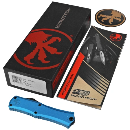 Microtech Hera II Mini D/E OTF Knife Blue Aluminum, Black M390MK by Tony and Sean Marfione (1702M-1BL)