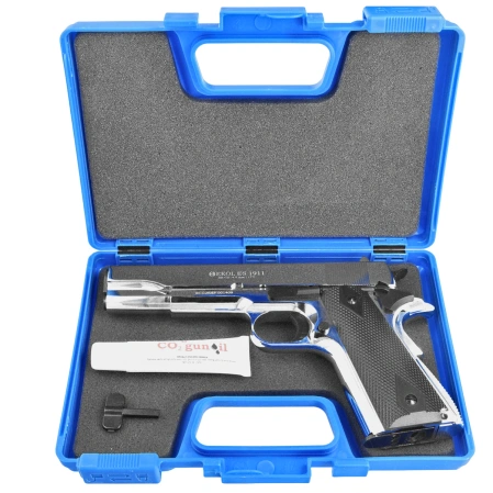 Zestaw pistolet wiatrówka Voltran Ekol ES 1911 Shiny 4.5 mm - Blow Back, 1500 BBs, 10 kapsuł, tarcze