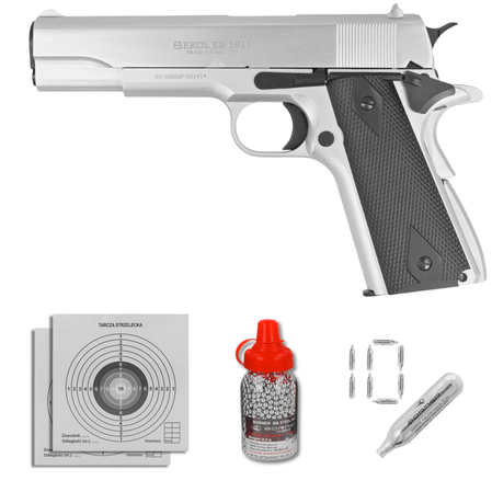 Zestaw pistolet wiatrówka Voltran Ekol ES 1911 White 4.5 mm - Blow Back, 1500 BBs, 10 kapsuł, tarcze