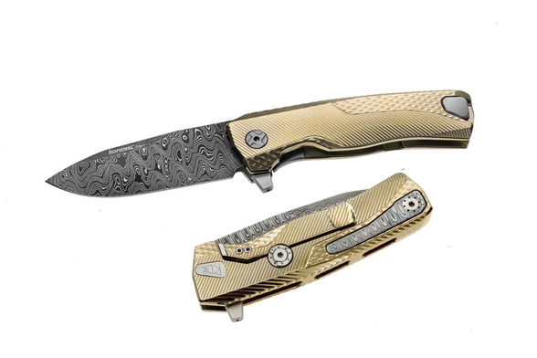 LionSteel ROK Knife Gold Titanium, Chad Nichols Scrambled Damascus (ROK DD GL)