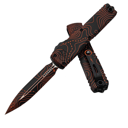 Microtech Ultratech Gen IV D/E OTF Knife Topographic Black / Orange Camo Aluminium, Topographic Black / Orange Camo M390MK by Tony Marfione (11224-1TPBKORCS)