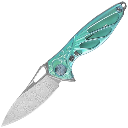 RikeKnife Mini Hummingbird Green Titanium, Rose Damascus by Richard Wu (RK-MINI-G)