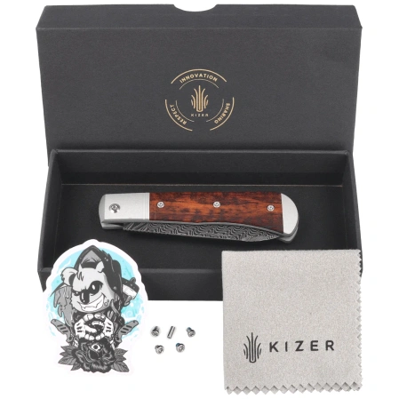 Nóż składany Kizer Trestle D Grey Aluminium / Leopardwood, Acid Washed Damascus by Azo (V3760A3)