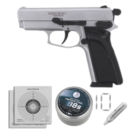 Airgun set 09: Voltran Ekol ES 66C White 4.5 mm Pistol, 1400 BBs, 10 CO₂ cartridges, 100 targets